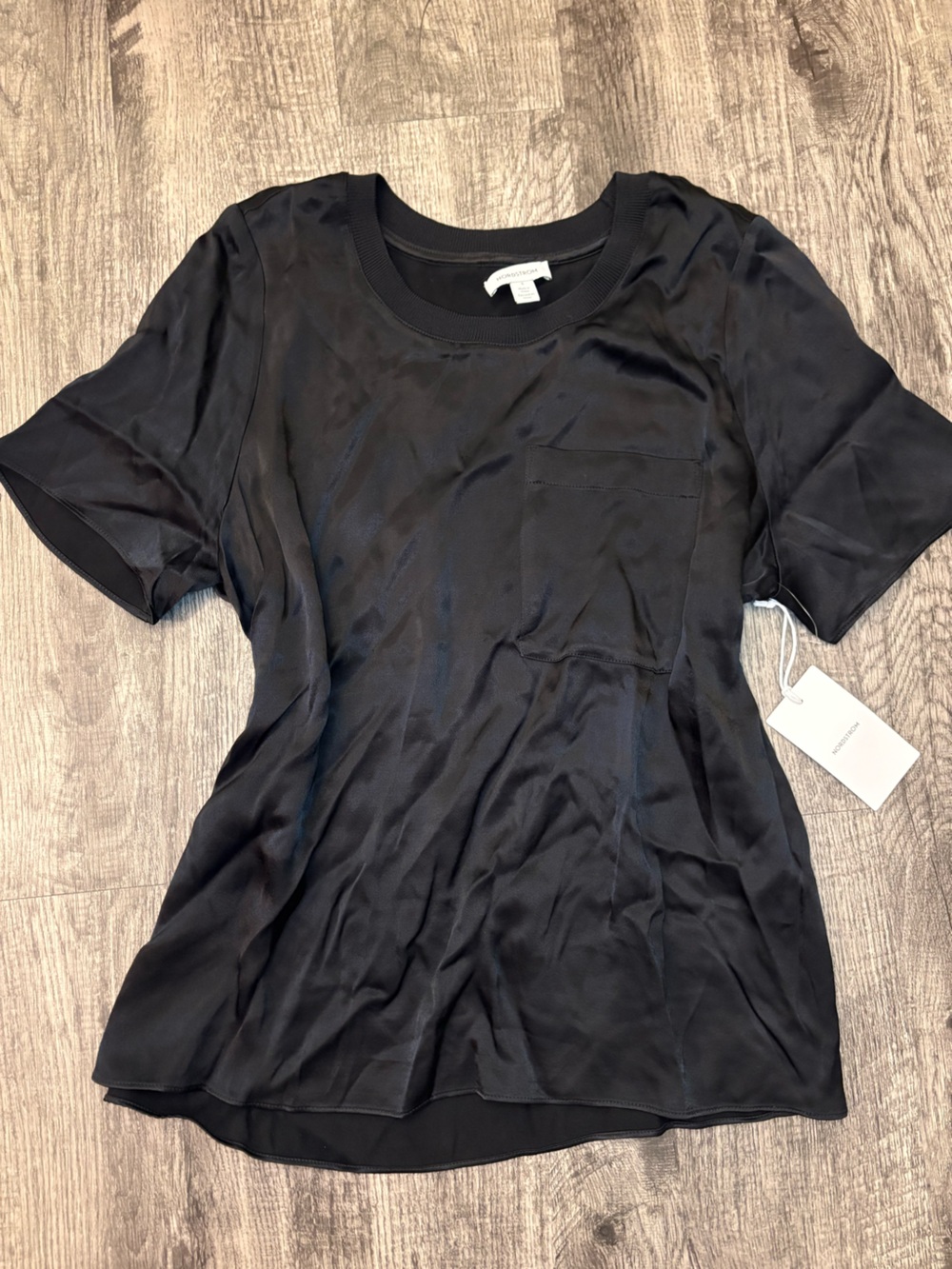 Nordstrom Woman’s Black Short-Sleeve Satin Pocket Tee